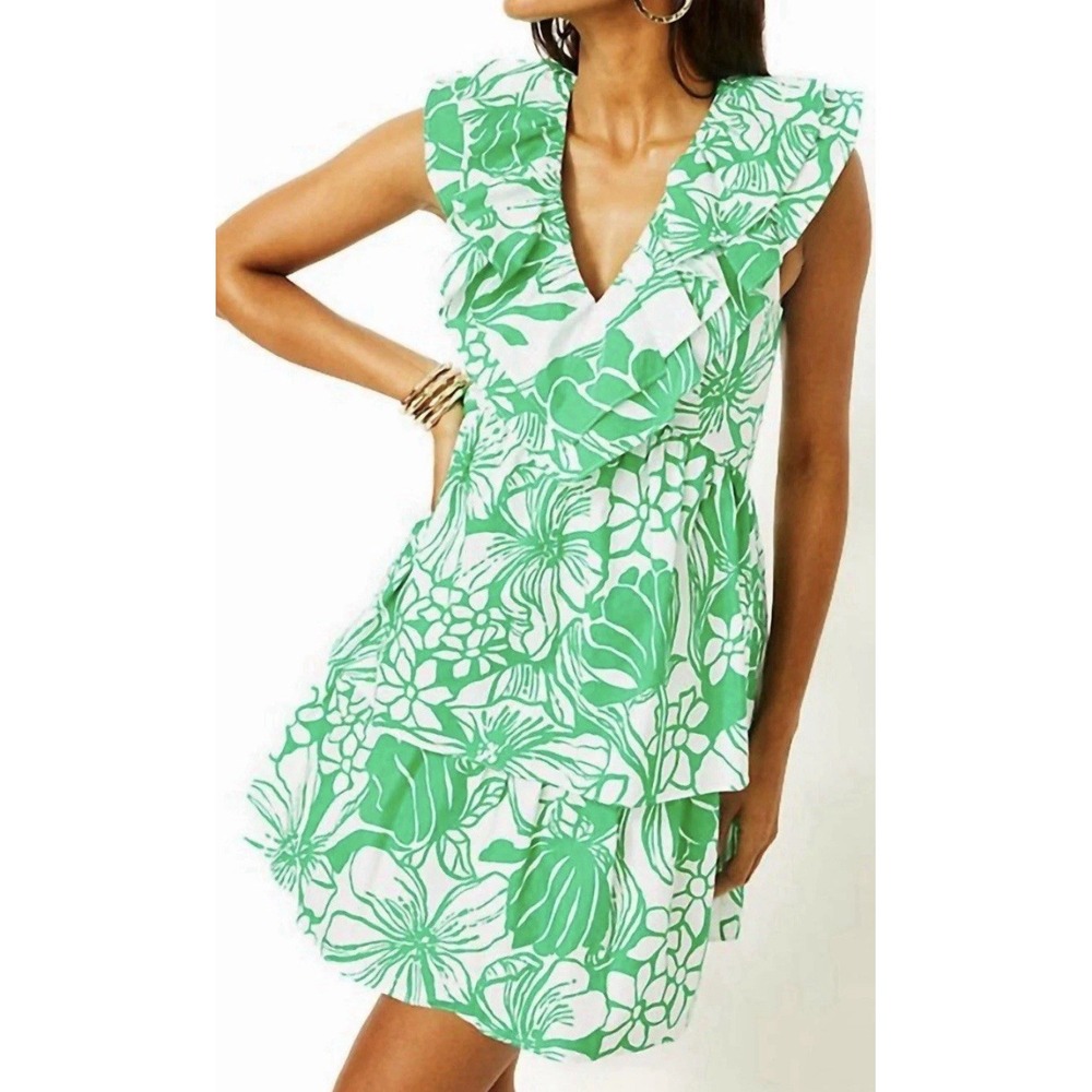 NWT LILLY PULITZER RITAMARIE V-NECK Green‎ White RUFFLE DRESS size 16 Plus Size